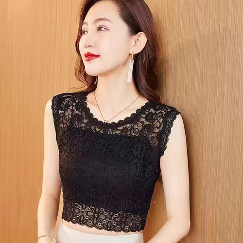 女士新款蕾丝衫低领无袖蕾丝花边背心春夏秋薄款内搭外穿修身显瘦
