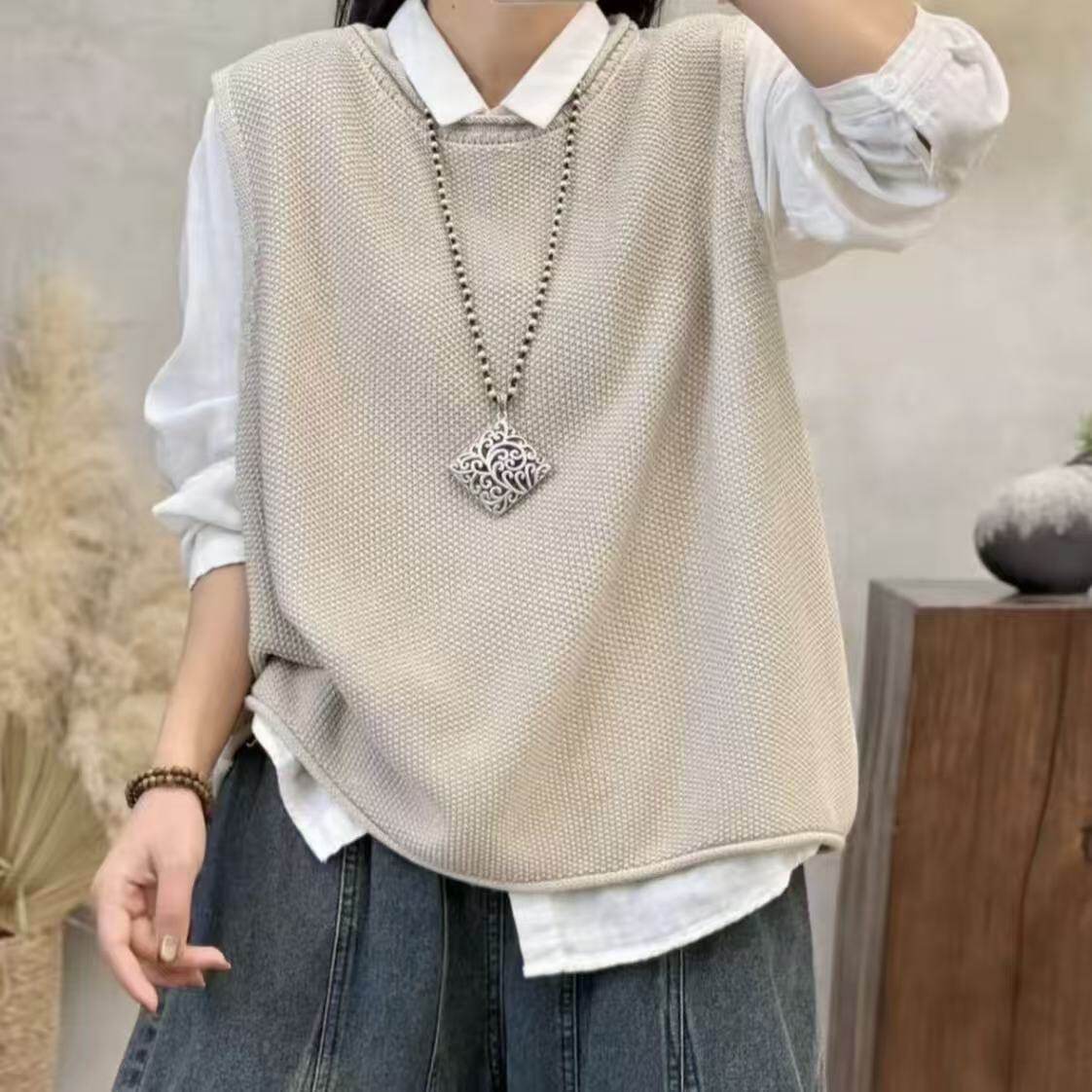 复古纯色棉线针织马夹背心女宽松显瘦叠穿圆领毛衣马甲坎肩26011