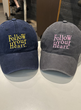 韩版水洗做旧时尚Follow字母百搭棒球帽弯檐帽街头潮搭男女学生
