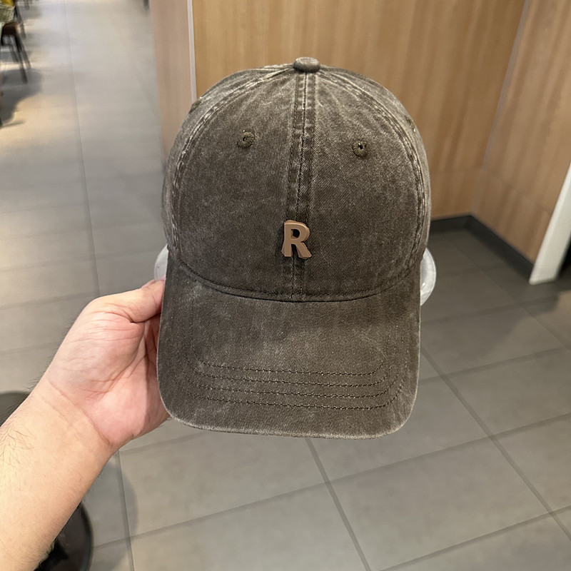 R字母缝标青年水洗做旧鸭舌帽