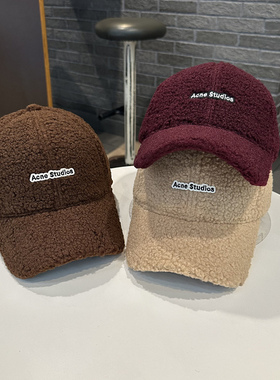 简约Acne字母贴标羊羔绒棒球帽女秋冬街头出游保暖百搭韩版弯檐帽