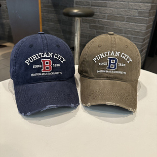 时尚 棒球帽街头潮搭大B字母破洞风青年遮脸弯檐帽 青年男女春夏季