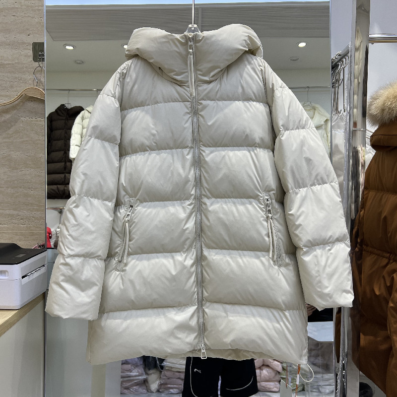 2024冬新款连帽韩版羽绒服女中长款90白鸭绒宽松大码加厚面包服潮