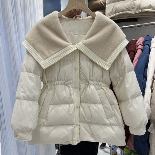 中长款海军领收腰羽绒服女