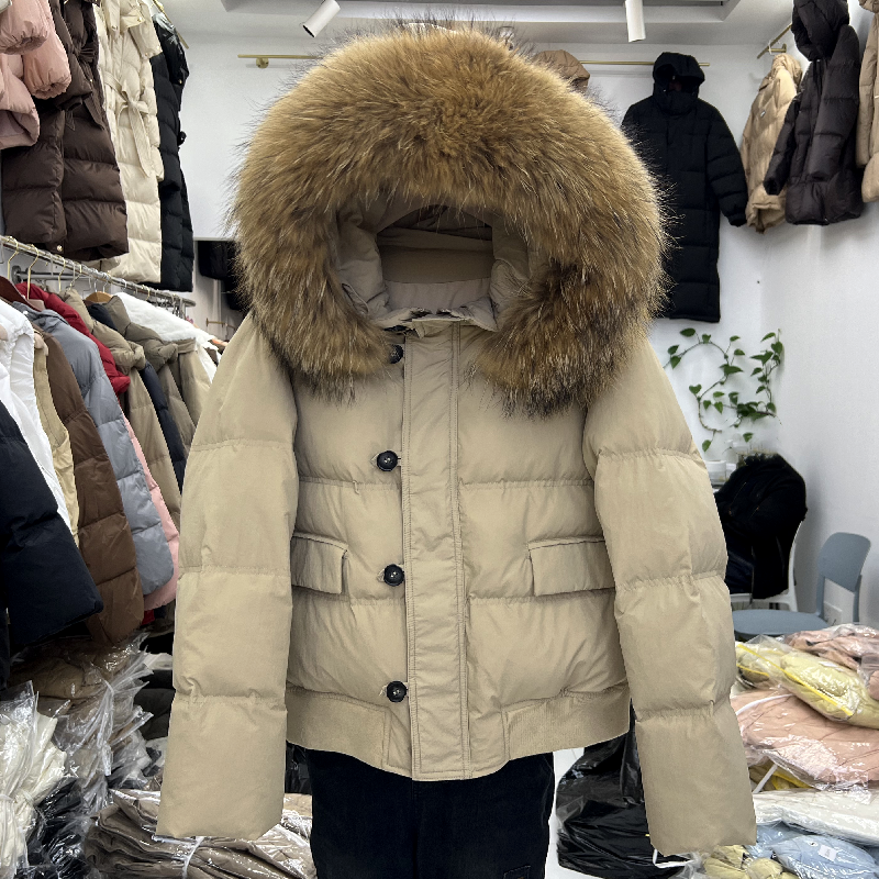 韩版真大貉子毛领短款羽绒服女