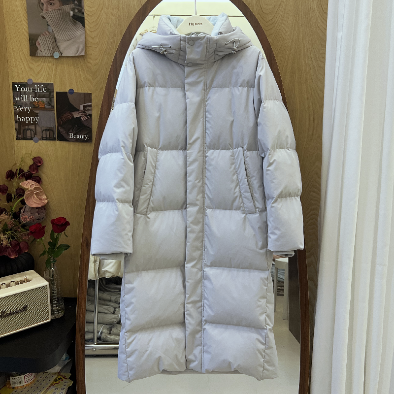 中戏男女情侣连帽羽绒服女长款过膝款大码加厚宽松白鸭绒冬季外套