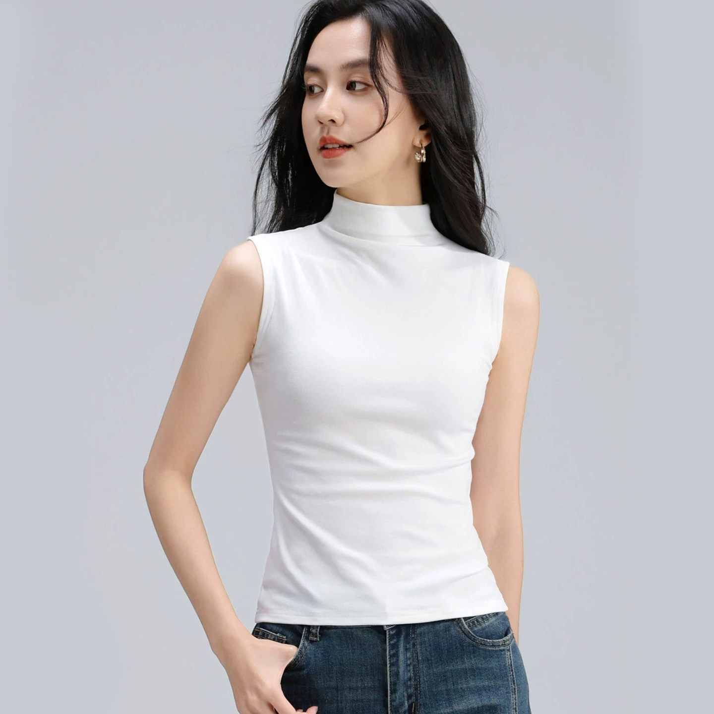 高领白色修身显瘦高级感背心女秋