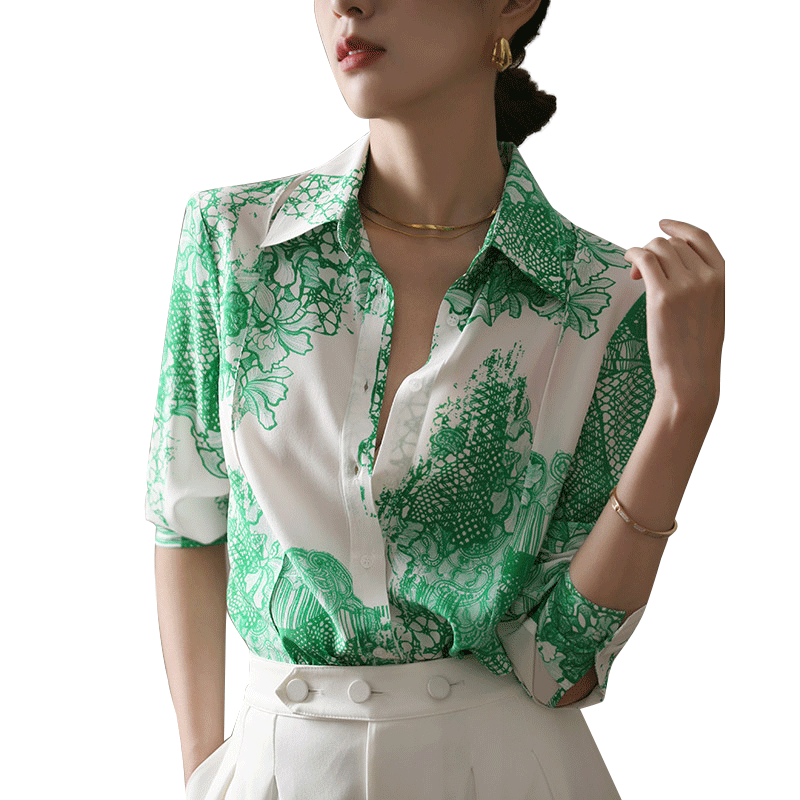 重磅真丝衬衫女设计感小众复古高端洋气时尚撞色印花桑蚕丝衬衣女