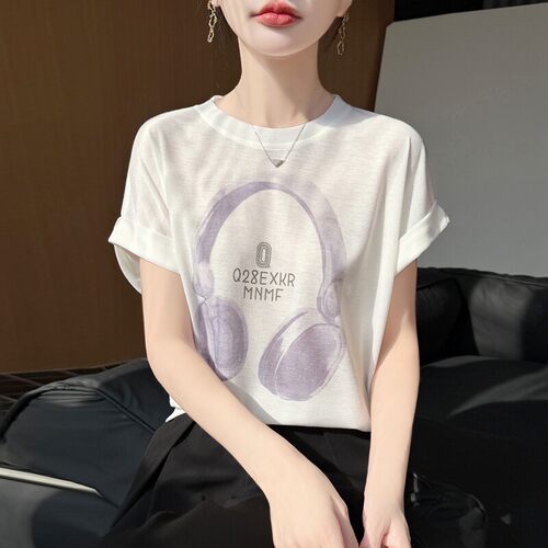 法式复古耳机印花针织短袖T恤女宽松休闲百搭显瘦小飞袖上衣半袖