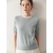 秋冬款 女士文艺羊绒短袖 女圆领拼色半袖 简约不简单 羊绒套头衫