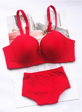 大红色文胸内裤套装本命年结婚新娘大码胖MM光面薄杯聚拢内衣100D