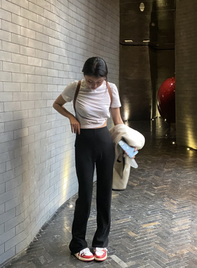 LILUSHOP  简约气质黑色垂感显瘦直筒裤高腰百搭拖地弹力西裤女