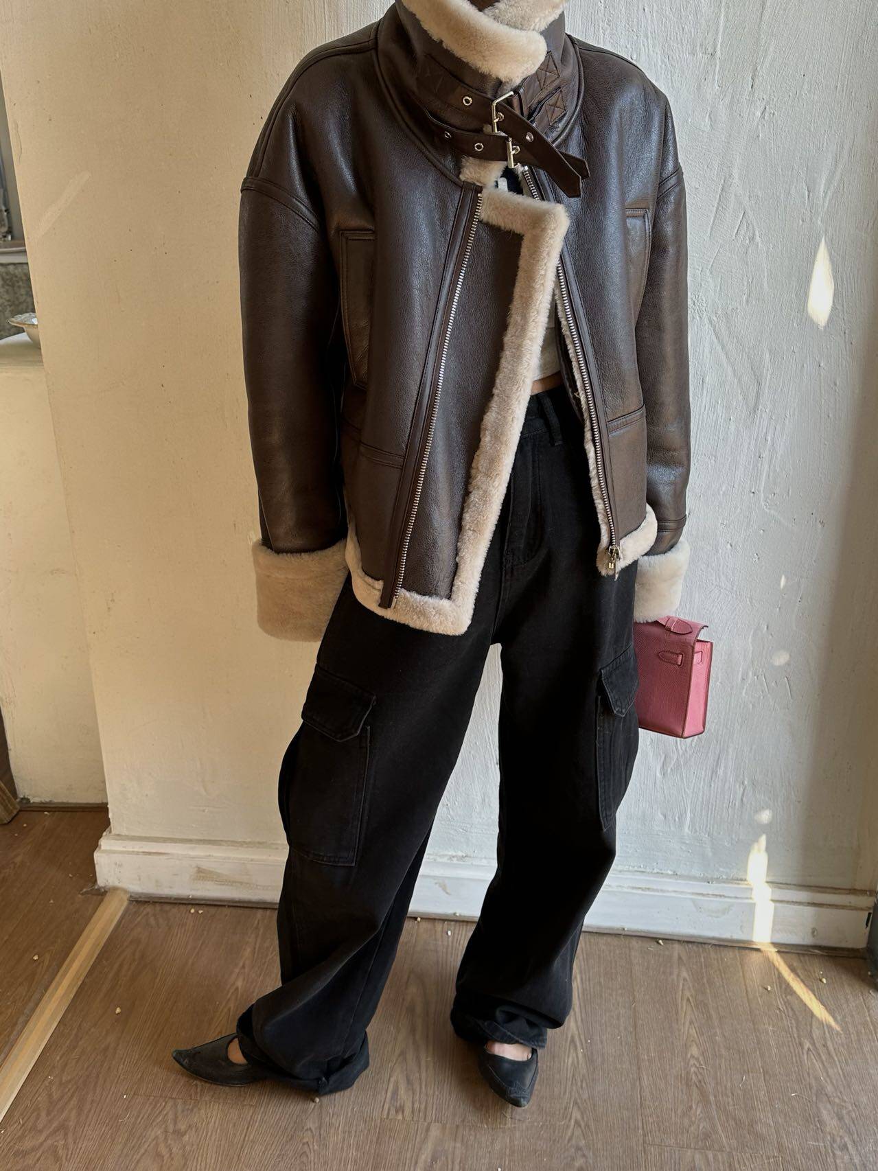 LILUSHOP 复古咖色柔软舒适有型真羊皮毛一体冬季保暖短款外套女