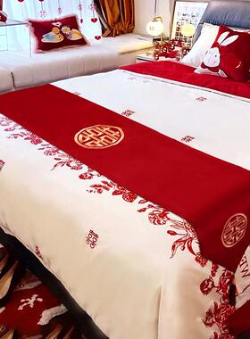 红色喜庆床旗结婚婚房床尾搭巾新婚床上用品喜字桌旗茶几茶台桌布