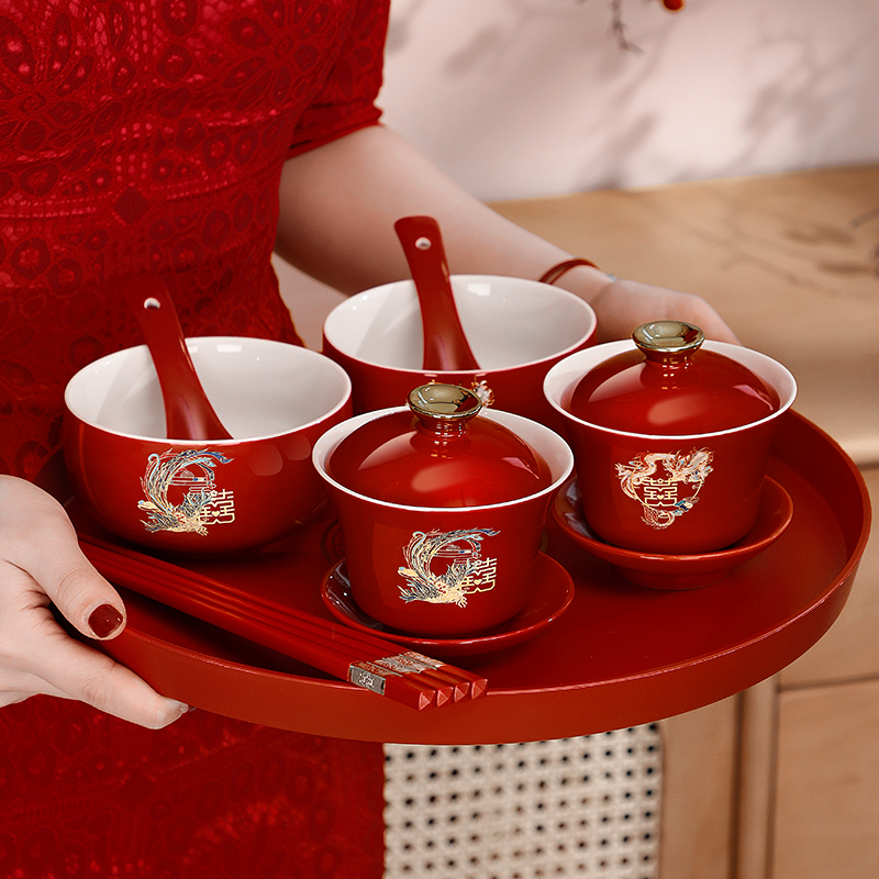 结婚碗筷敬茶杯喜碗改口套装
