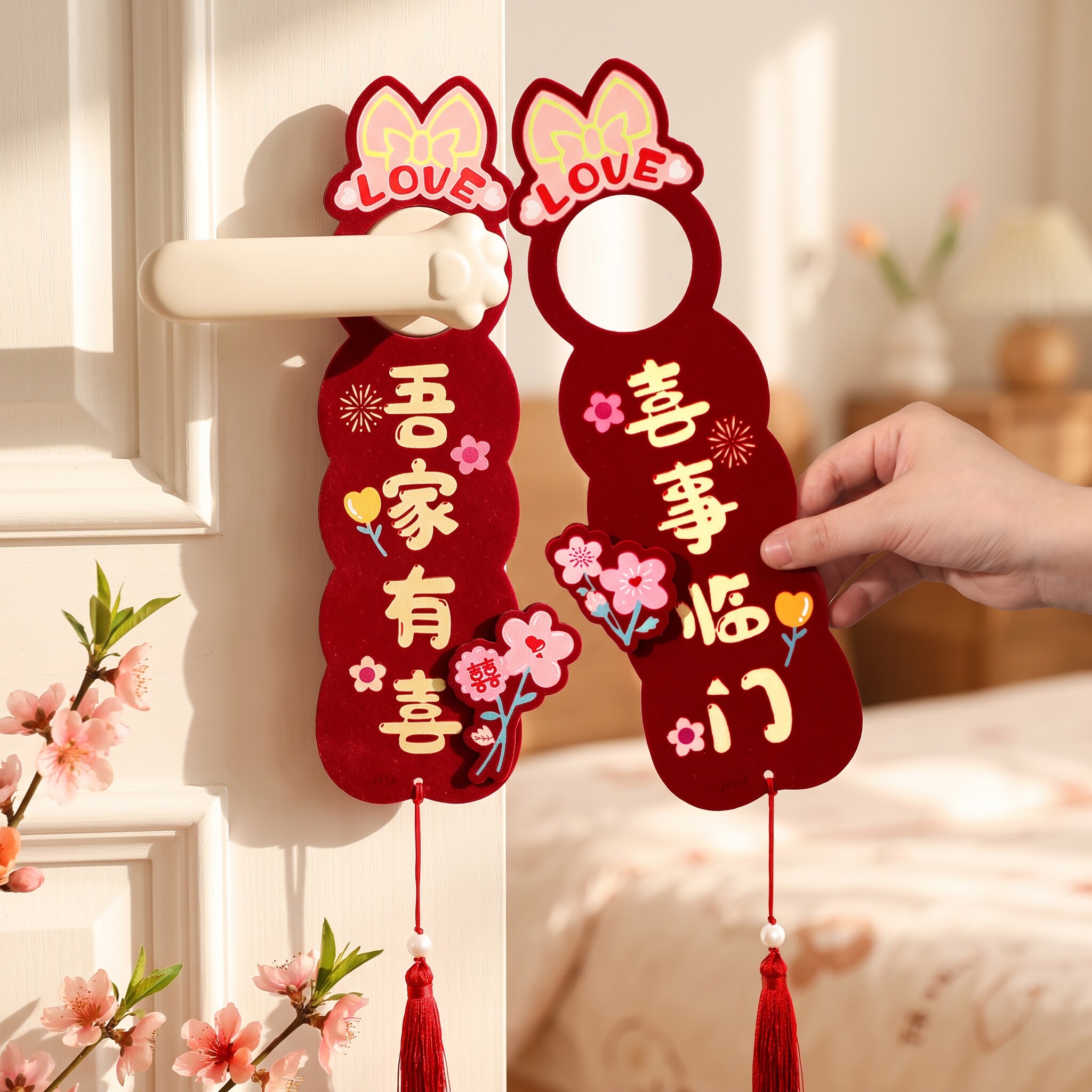 婚房布置结婚喜字门把手挂饰图片