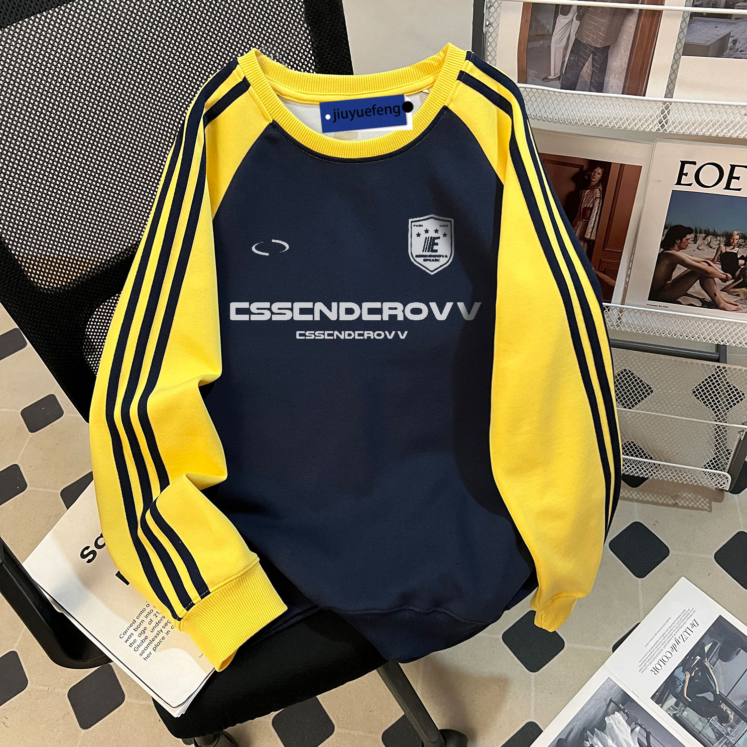 美式高街圆领拼接卫衣男春季印花