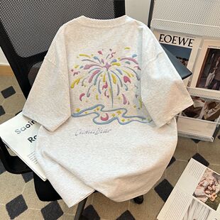 纯棉短袖t恤男学生花灰色圆领韩版宽松情侣学院风百搭体恤男