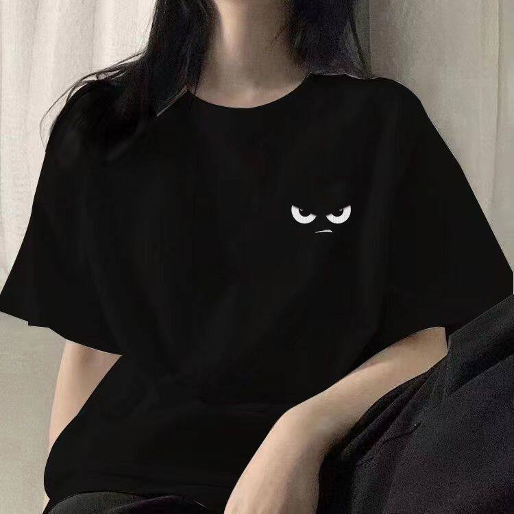 100%纯棉黑色ins洋气宽松印花短袖t恤女新款夏季韩版纯欲风上衣服