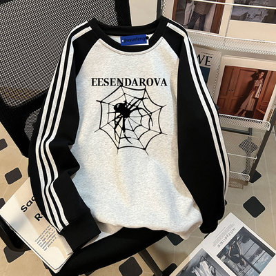 美式复古三条杠圆领拼接卫衣男生