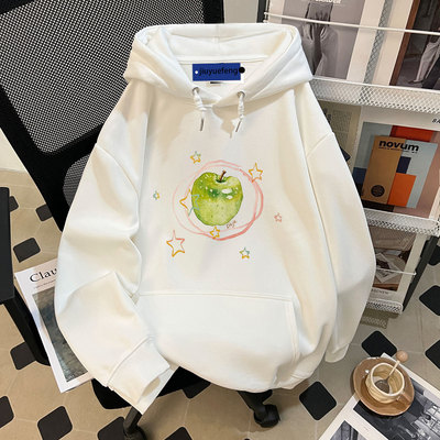 温巡苹果印花加绒加厚连帽卫衣