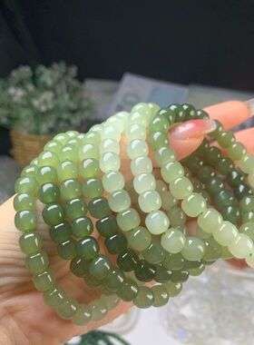天然和田玉手串碧玉渐变绿色手链女翡翠晴水玉石妈妈新中式老型珠