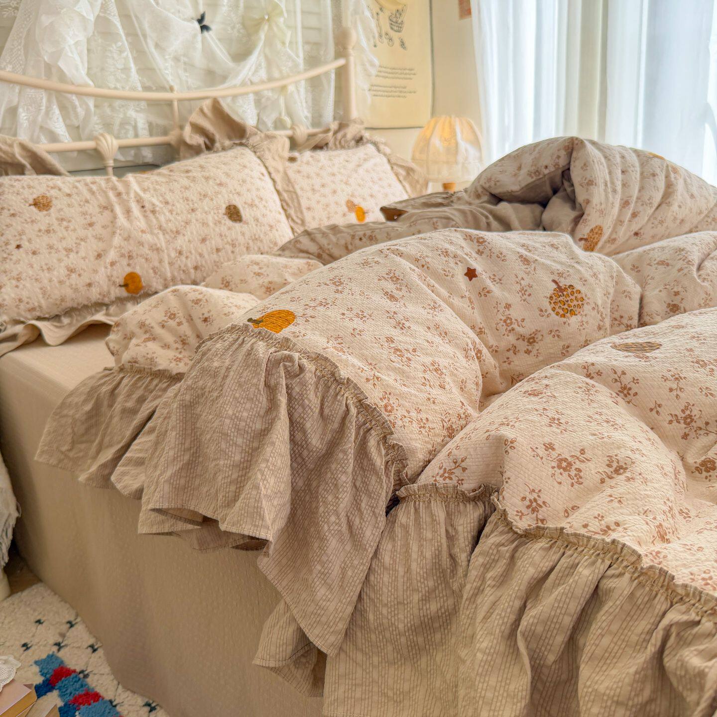 ins泡芙纱花边水洗棉床上四件套简约少女心被套宿舍床单人三件套