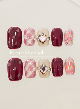 「甜心绮梦」纯手工红色格纹爱心手绘美甲2025年新款甜美穿戴甲