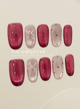 「树莓芭蕾」猫眼穿戴甲纯手工蝴蝶结显白甜酷2025新款美甲贴片