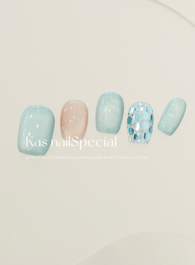 kas美甲纯手工冰蓝冰透2025年新款高级感闪亮高端夏日穿戴甲贴片