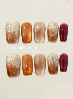 「酒红微醉」纯手工猫眼手绘晕染渐变猫眼美甲红色高级感穿戴甲