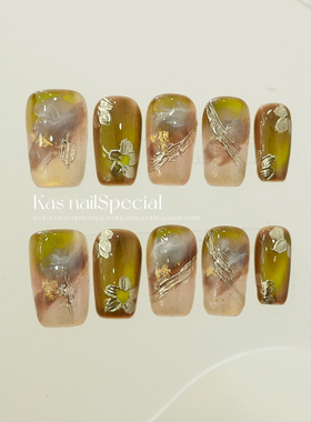 「青玉案」新中式玉脂绿穿戴甲显白纯手工液态银花朵短款美甲成品