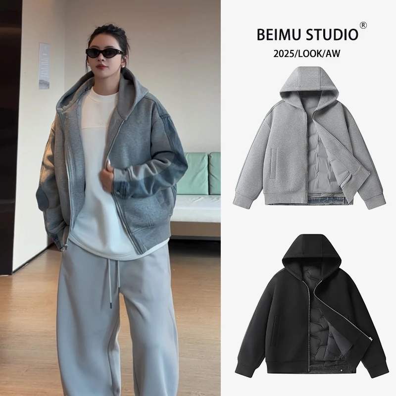 90白鸭绒!美式设计感连帽拼接牛仔外套男士可拆卸羽绒服YR5770