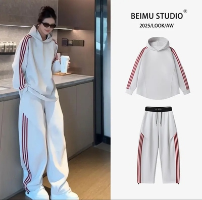 男女同款美式百搭连帽撞色三条杠长袖套头卫衣休闲长裤套装L5877