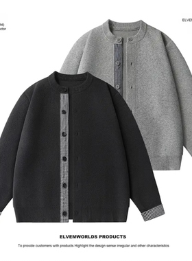 秋季新款假两件休闲圆领针织毛衣拼接格子百搭毛衣外套7987