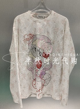 2610T18337-999 FORDARE/福蝶2026春款手绘感电话小猫蕾丝长袖T恤