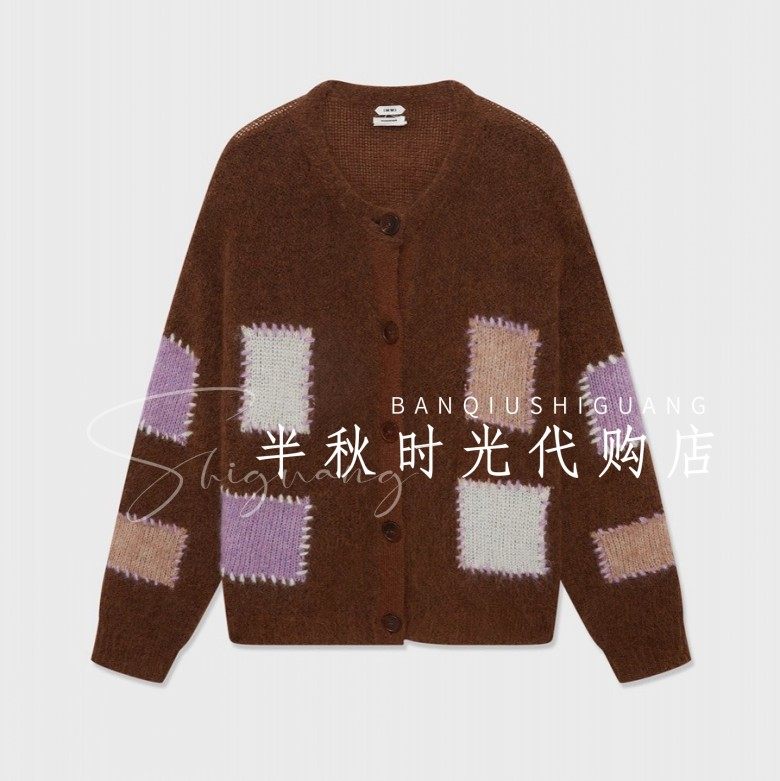 （小魔女）IMMI设计师品牌25AW秋冬马海毛方格装饰圆领针织开衫女