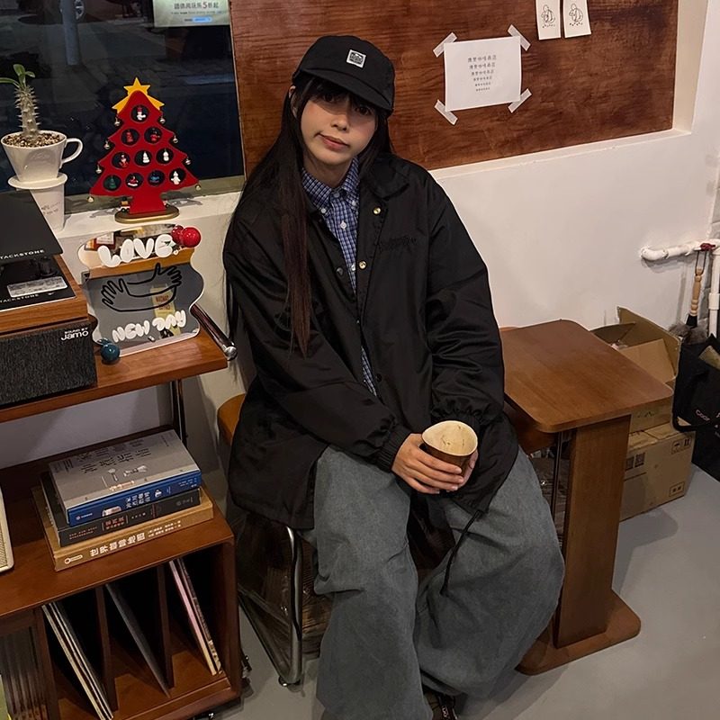 DARKNESSINTIMIDTION(DAMN) 刺绣LOGO纽扣教练夹克防水防风宽松男