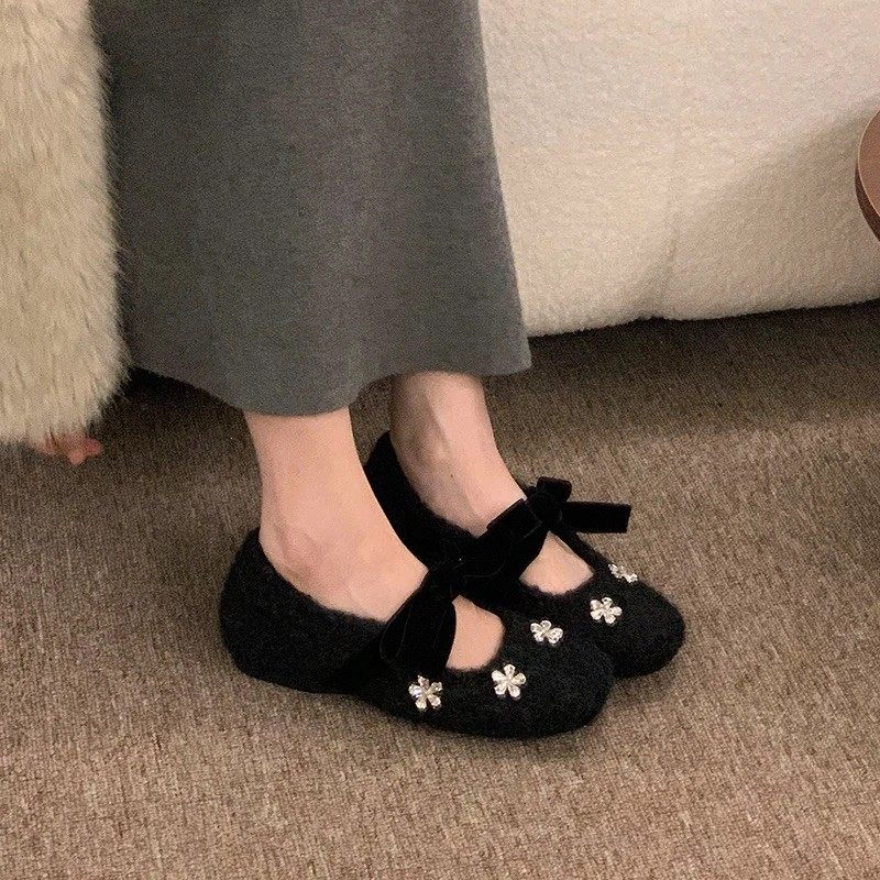 花朵水钻加绒内增高玛丽珍鞋女2025秋冬季新款毛呢保暖小香风单鞋,女鞋,棉鞋,淘宝优惠券,粉丝福利购,淘宝优惠卷