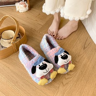 可爱卡通史迪仔小狗魔术贴毛毛鞋女2025冬季新款外穿加绒保暖棉鞋