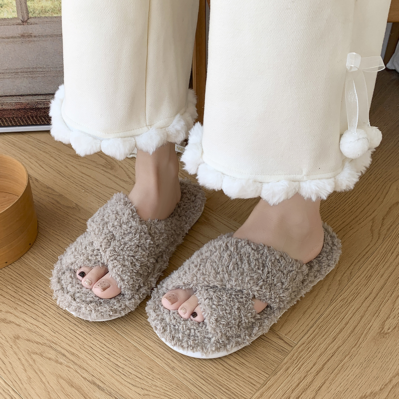 秋冬棉拖鞋开叉毛毛拖鞋保暖静音透气欧美棉拖室内毛绒拖鞋女