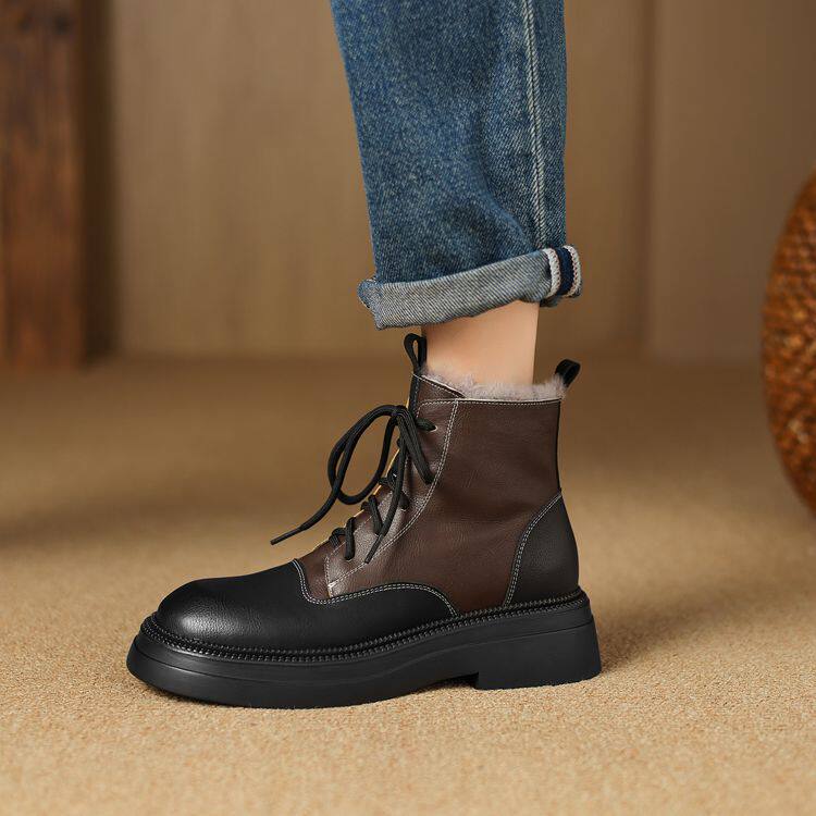 羊羔毛雪地靴女真皮厚底系带复古马丁靴加绒保暖防滑拼色短靴