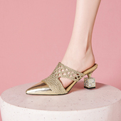 真皮时尚 2026年夏季 一字拖镂空凉鞋 尖头高跟鞋 编织包头半拖女 新款