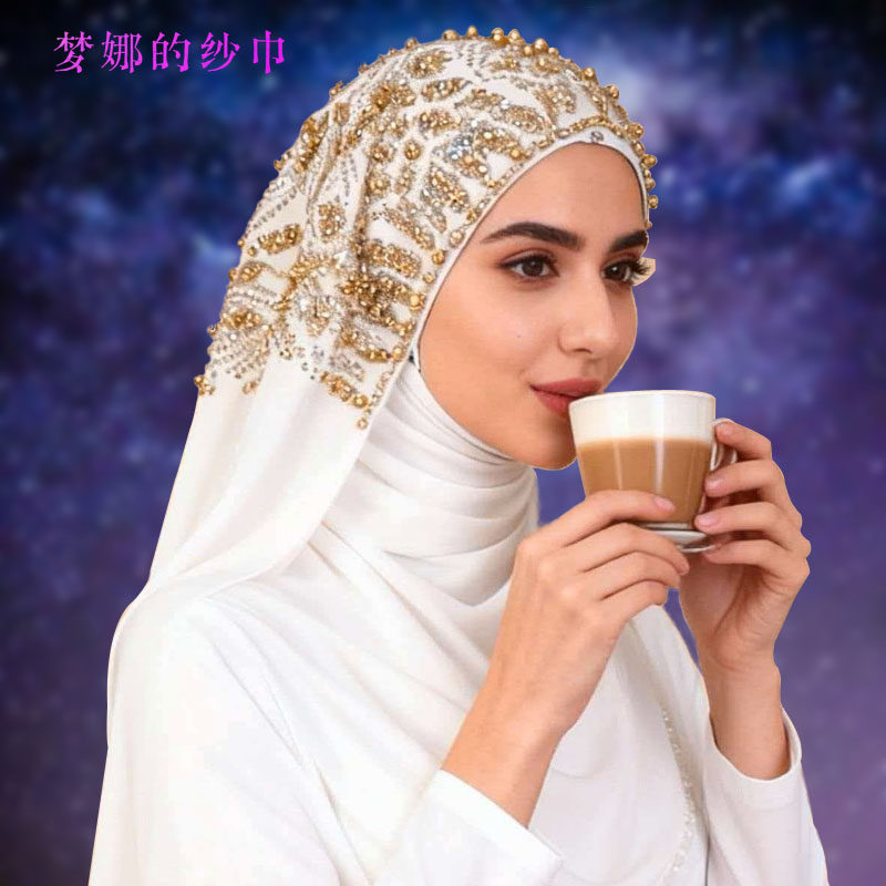 16色170*70cm女生民族风盖头围巾雪纺钉珠长巾高级感时尚流行纱巾
