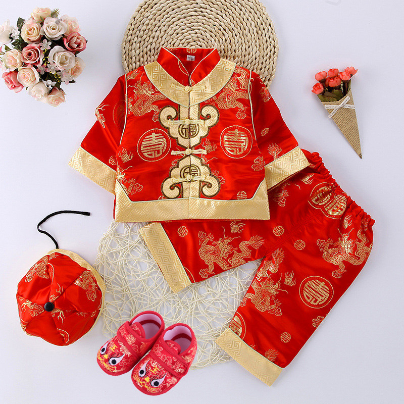 童装唐装套装秋冬装男宝宝唐装百天庆生抓周服女童套装摄影服