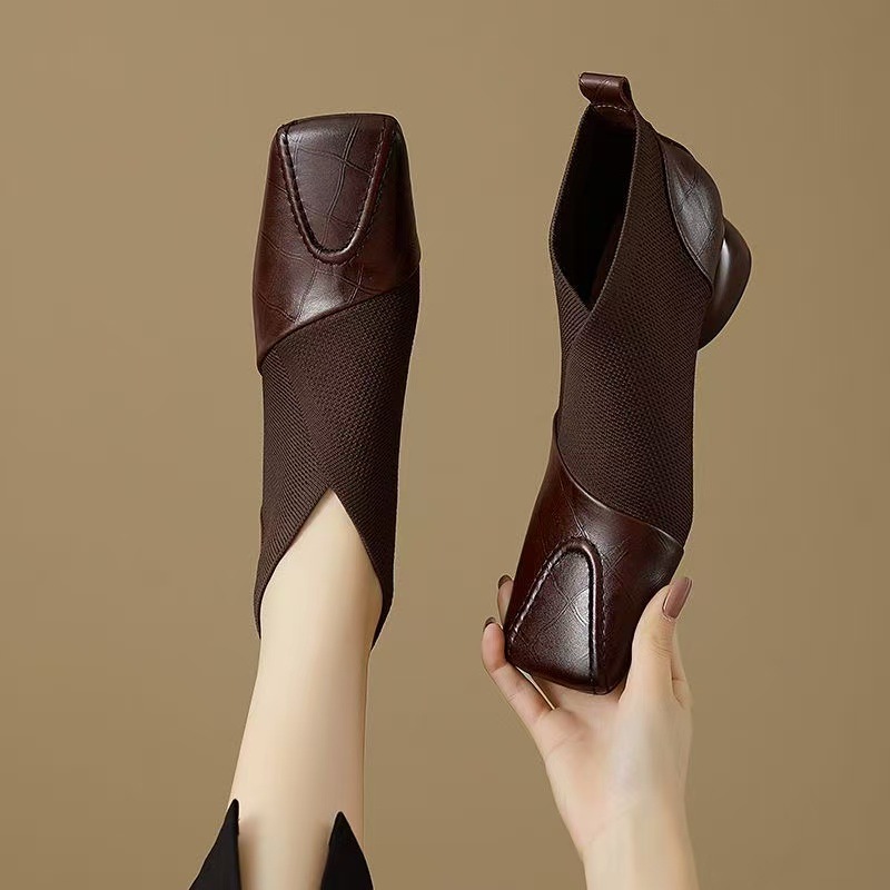 巨好穿法式深口单鞋女春秋方头中跟粗跟新品毛线口新品及踝靴