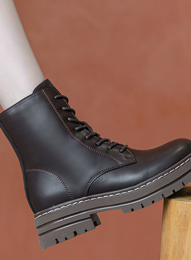 爱秀美复古英伦风侧拉链黑色秋冬厚底增高显瘦女短靴高个马丁靴