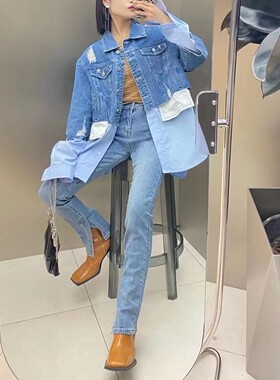 高品质小众款破洞牛仔外套2023秋装新品大码chic拼接款衬衫牛仔衫