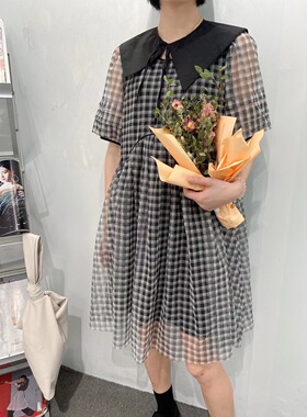 复古欧货大码格纹连衣裙高品质欧根纱拼色格纹A字型中长款女裙子
