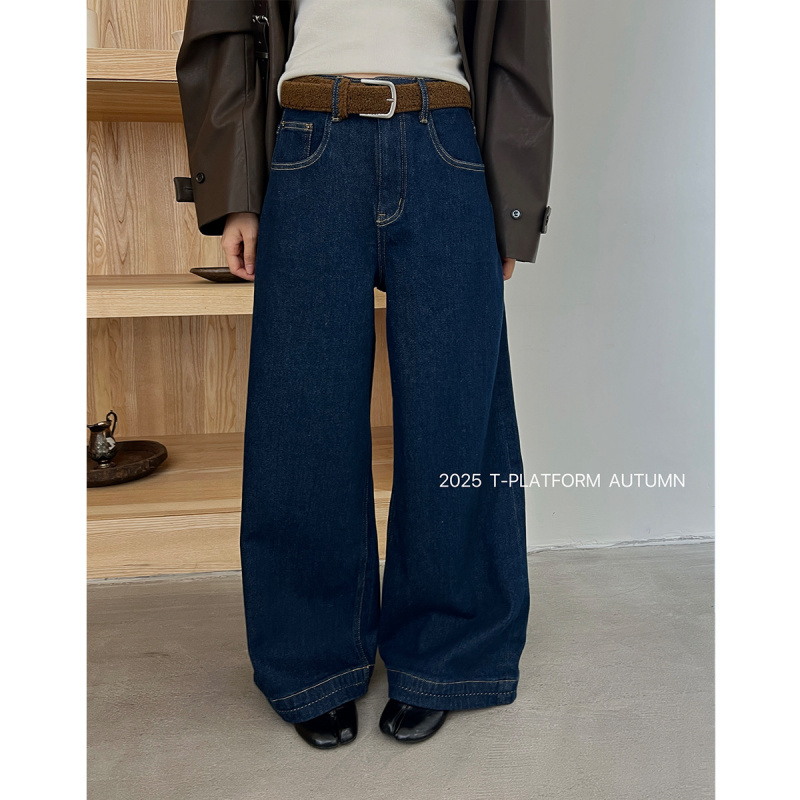 T台初冬抓绒阔腿牛仔裤